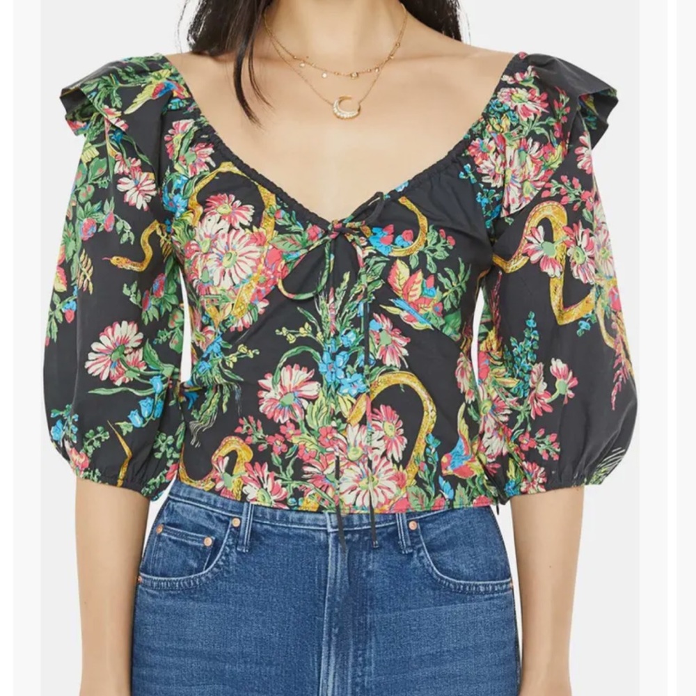 MOTHER Black and Gold Puff Sleeve Blouse Sweet Talker Ruffle Crop Top NWOT